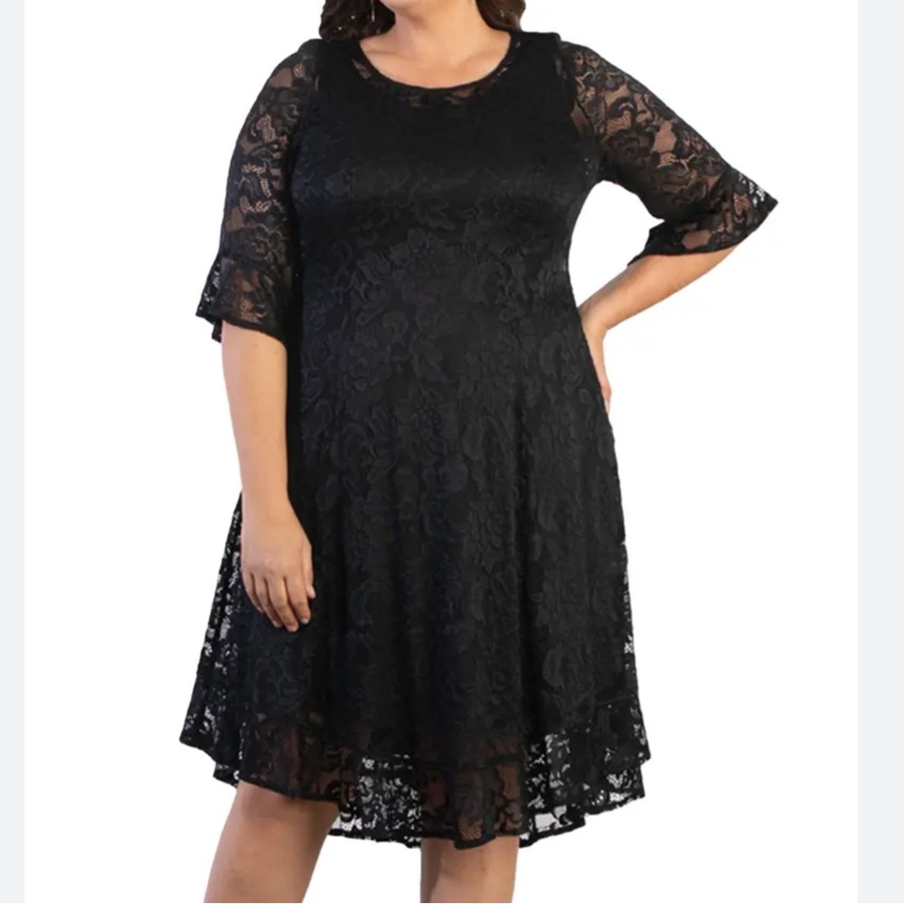 Kiyonna Livi Black Lace Lined Elbow Sheer Bell Sleeve Cocktail Dress Size 1X